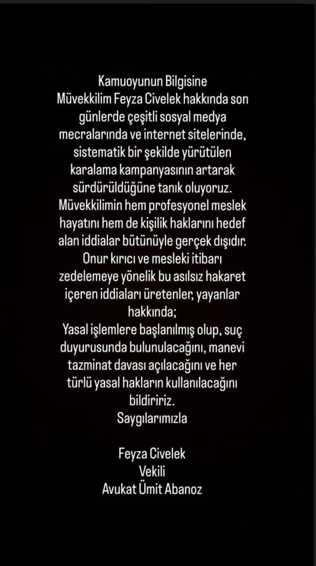 Feyza Civelek'in sosyal medya hesabından yaptığı paylaşım