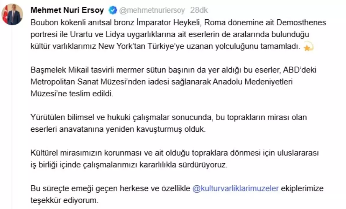 Boubon’tan Gelen 18 Nadir Eser Türkiye’ye Döndü: Anıt Bronz Heykel ve Daha Fazlası