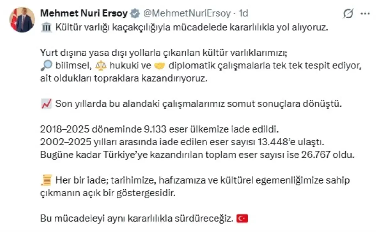 13.448 Kültür Eseri Türkiye’ye Geri Döndü: Bakan Ersoy’dan Detaylı Açıklama