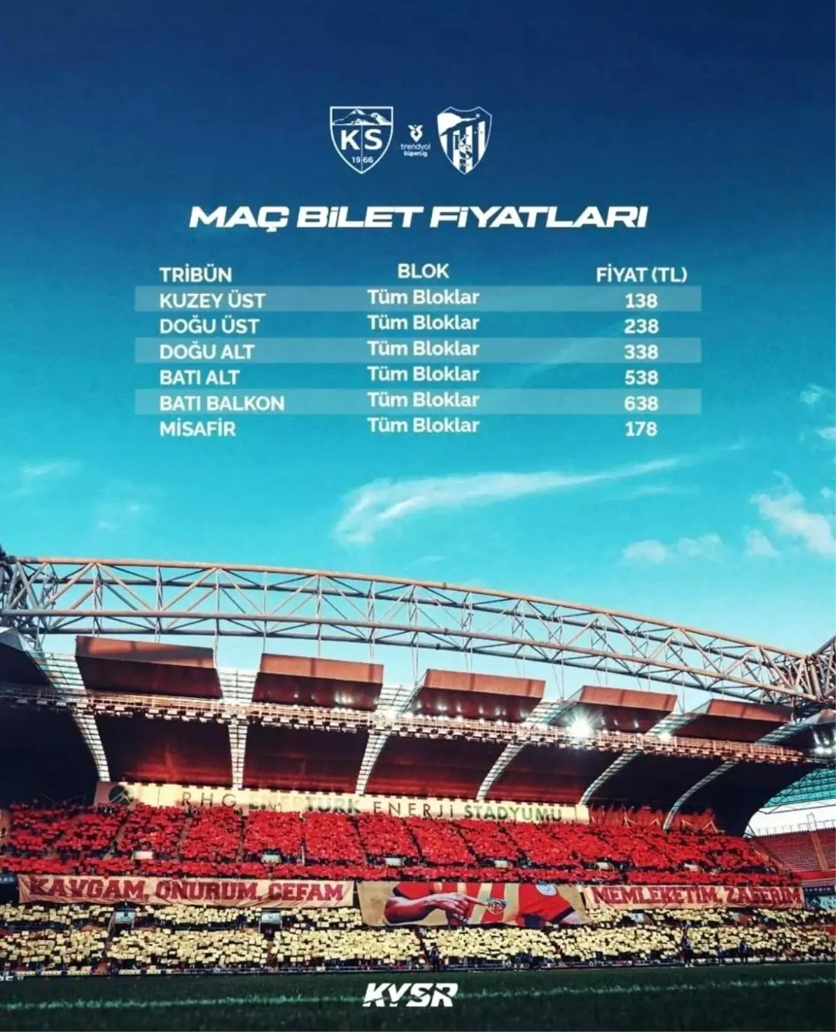 Kayserispor ile Kocaelispor Maçının Bilet Fiyatları Açıklandı